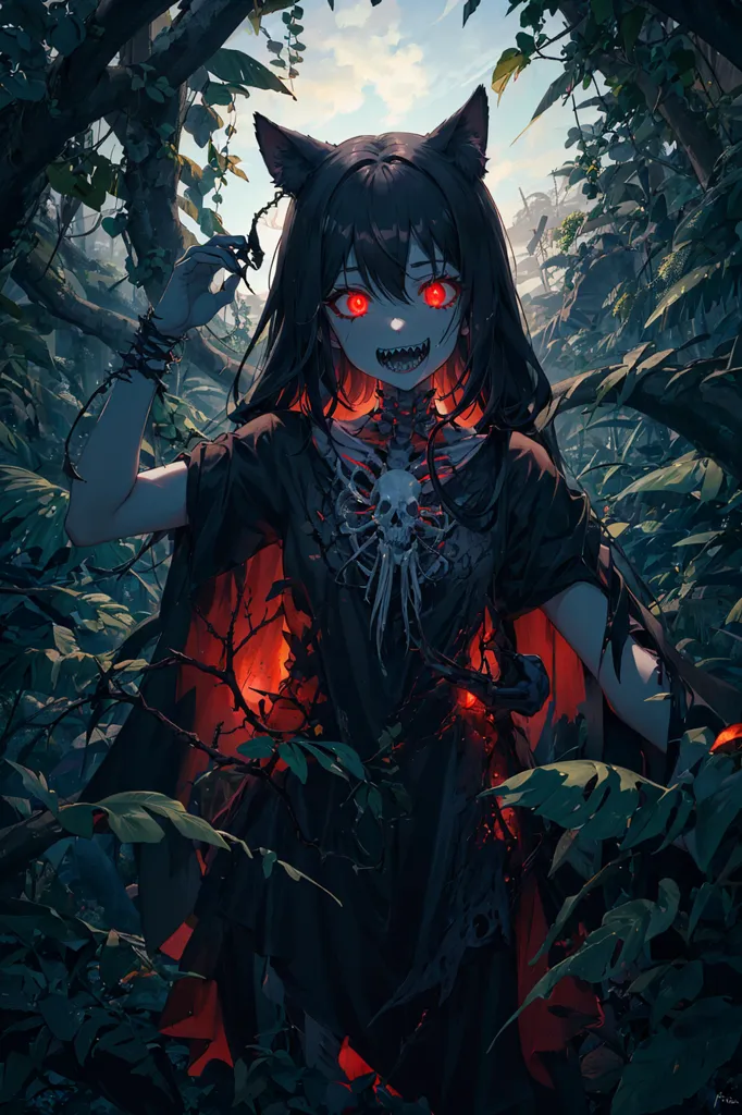 This image depicts a young woman with long black hair, red eyes, and cat ears. She is wearing a black dress with a tattered red cape. Her dress is covered in vines and branches, and her ribs are exposed. She is standing in a dark forest, and she is surrounded by trees. The woman is smiling, and she has a sinister expression on her face.