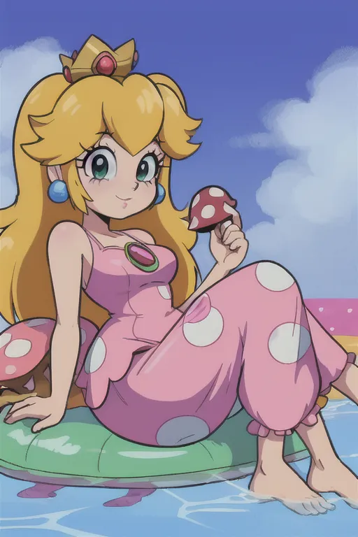 The image depicts Princess Peach from the Super Mario series. She is sitting on a green float in a body of water. Peach is wearing a pink and white polka dot nightgown with a yellow crown on her head. She is smiling and holding a red mushroom in her right hand. There are clouds in the background and a blue sky.