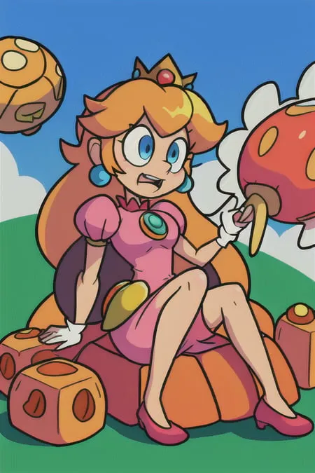 The image is of Princess Peach from the Mario Bros. series. She is sitting on a large, orange mushroom. She is wearing a pink dress and has her blonde hair down. She is looking at a small, red mushroom in her hand. There are also three, gray, brick-like objects surrounding her.  The background is a light blue sky with green hills and clouds.