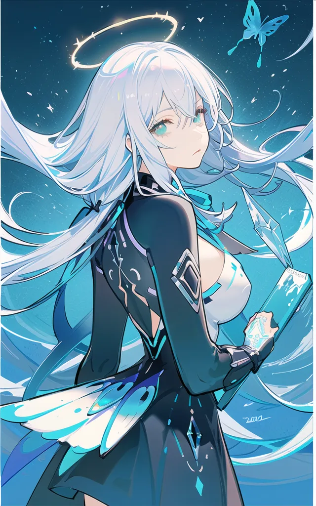 The picture shows a girl with long white hair and blue eyes. She is wearing a black and white dress with a blue butterfly on her right shoulder. She is also wearing a halo and has a blue crystal in her right hand. She is standing in front of a blue background with a starry night sky and is looking at the viewer with a serious expression on her face.