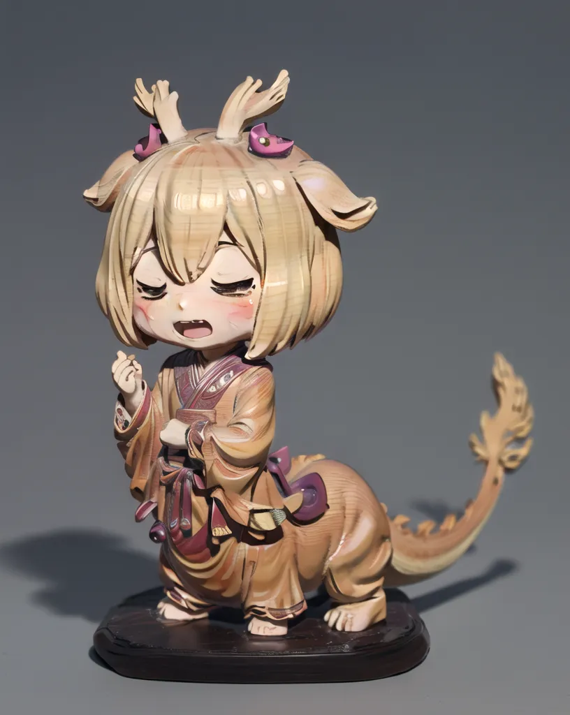 The image shows a figurine of a creature with a human-like body and a dragon-like tail. The figurine is made of wood and has a light brown color. The creature has short blonde hair and deer-like antlers on its head. It is wearing a kimono-like outfit with a pink obi and has a small, closed-mouthed smile on its face. The figurine is standing on a small, round base.