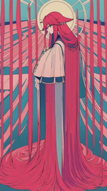 The image is of a woman with long red hair standing in front of a blue and pink background. She is wearing a white dress with a pink sash and has a halo around her head. The image is in an Art Deco style.