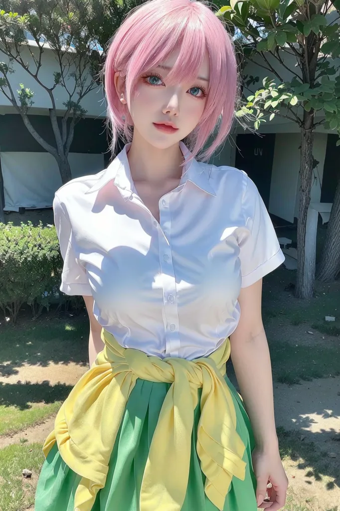 The photo shows a young woman dressed in a white blouse and a green skirt. The blouse is unbuttoned at the collar, and the sleeves are rolled up to the elbows. The skirt is pleated and has a yellow sash tied around the waist. The woman has pink hair styled in a short bob with bangs. Her eyes are blue, and she is wearing light makeup. She is standing in an outdoor setting, with trees and buildings in the background.