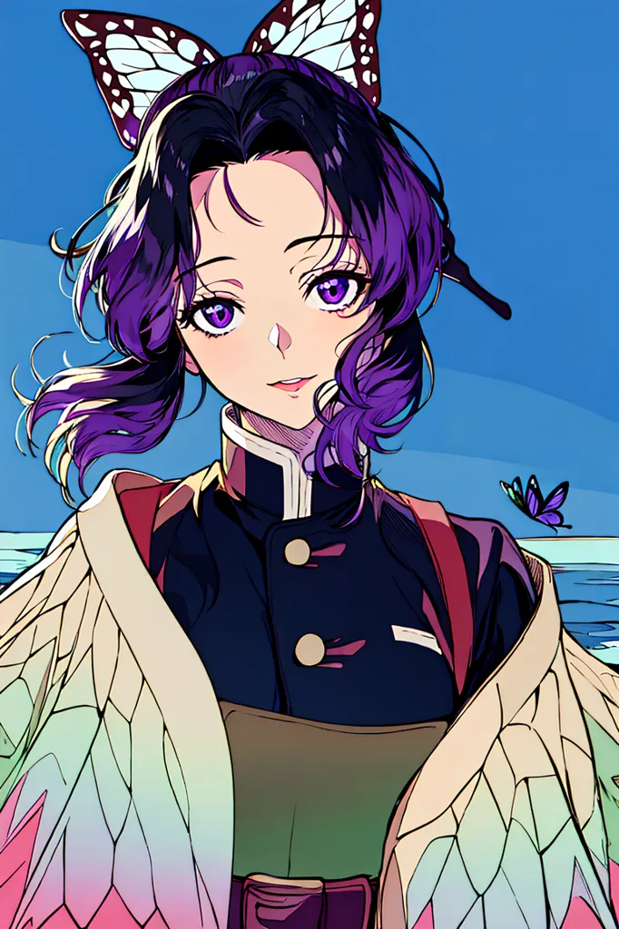 La imagen es de una mujer joven con el cabello morado y pendientes de mariposa morados. Lleva un kimono blanco y morado con un obi rosa. Hay dos mariposas en su cabello y una en su hombro. El fondo es un cielo azul con una nube blanca.