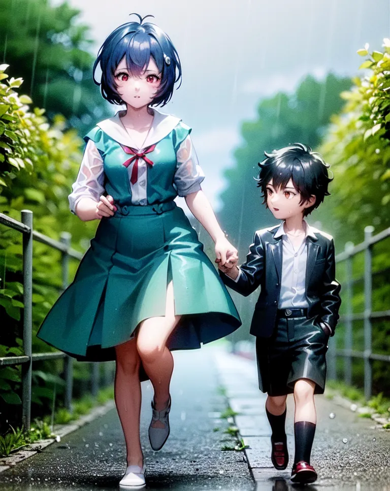 The picture shows an anime-style drawing of a woman and a young boy walking in the rain. The woman is wearing a green dress and a white blouse, and the boy is wearing a black suit and pants. The woman is holding the boy's hand, and they are both smiling. The background is a blurred image of a city street with trees.