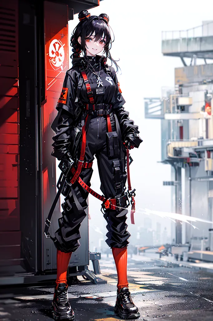 The image is of a young woman standing in front of a red wall. She is wearing a black jumpsuit with red accents and black sneakers. She has long black hair and red eyes. She is also wearing a utility belt and a pair of goggles. The background is a city with tall buildings and a large red structure in the distance.