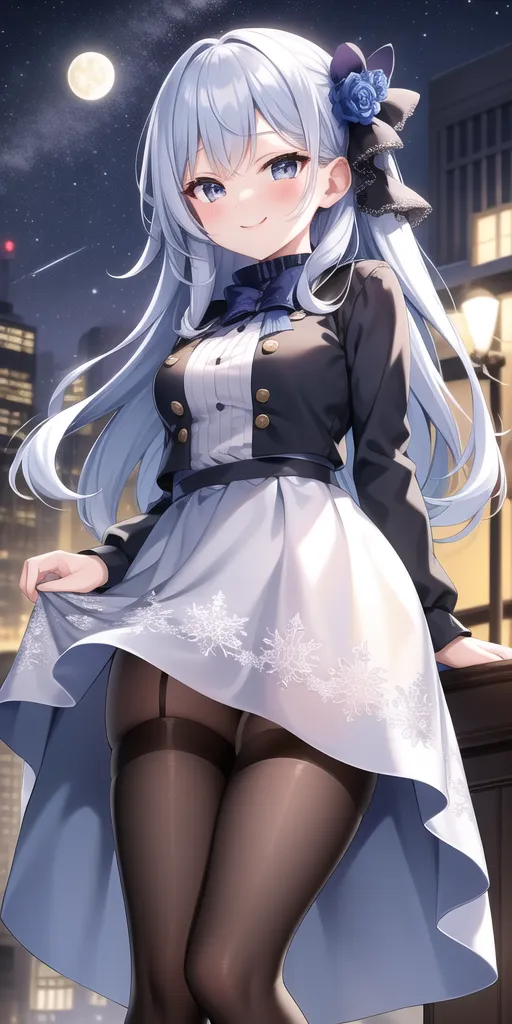 La imagen es un dibujo de estilo anime de una mujer joven. Tiene el cabello largo y de color azul claro, y ojos azules. Lleva un vestido blanco con una chaqueta negra. El vestido tiene una falda plisada y un faldón de encaje blanco. También lleva medias negras y botas negras. La mujer está de pie en la azotea de un edificio por la noche. Hay una luna llena en el cielo y una ciudad al fondo. La mujer está sonriendo y mirando al espectador.