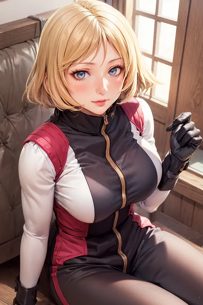 The image is a painting of a beautiful anime girl with blonde hair and blue eyes. She is wearing a white, red, and black jumpsuit-style outfit with a zipper in the front. The outfit has a high collar. She is also wearing black gloves. She is sitting on a chair in front of a window. She has a confident expression on her face and is looking at the viewer.