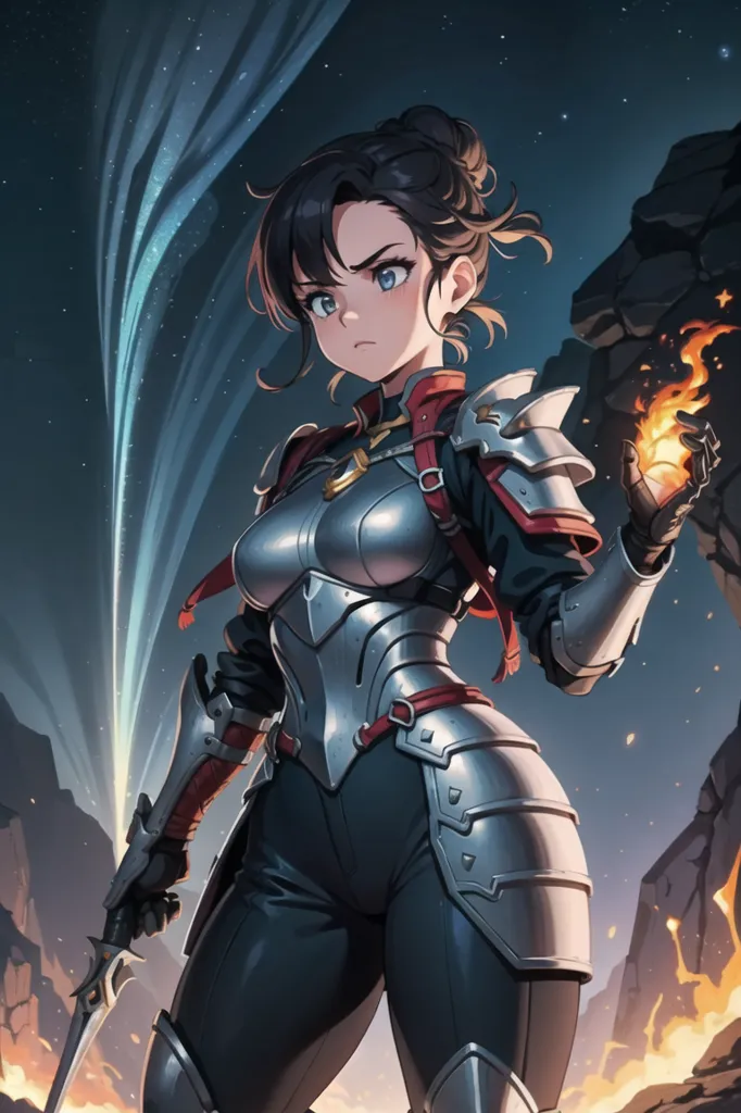 This is an image of a female warrior. She is wearing a metal breastplate and a black bodysuit. She has brown hair and blue eyes. She is holding a sword in her right hand and a fireball in her left hand. She is standing in front of a stone wall with an explosion behind her.