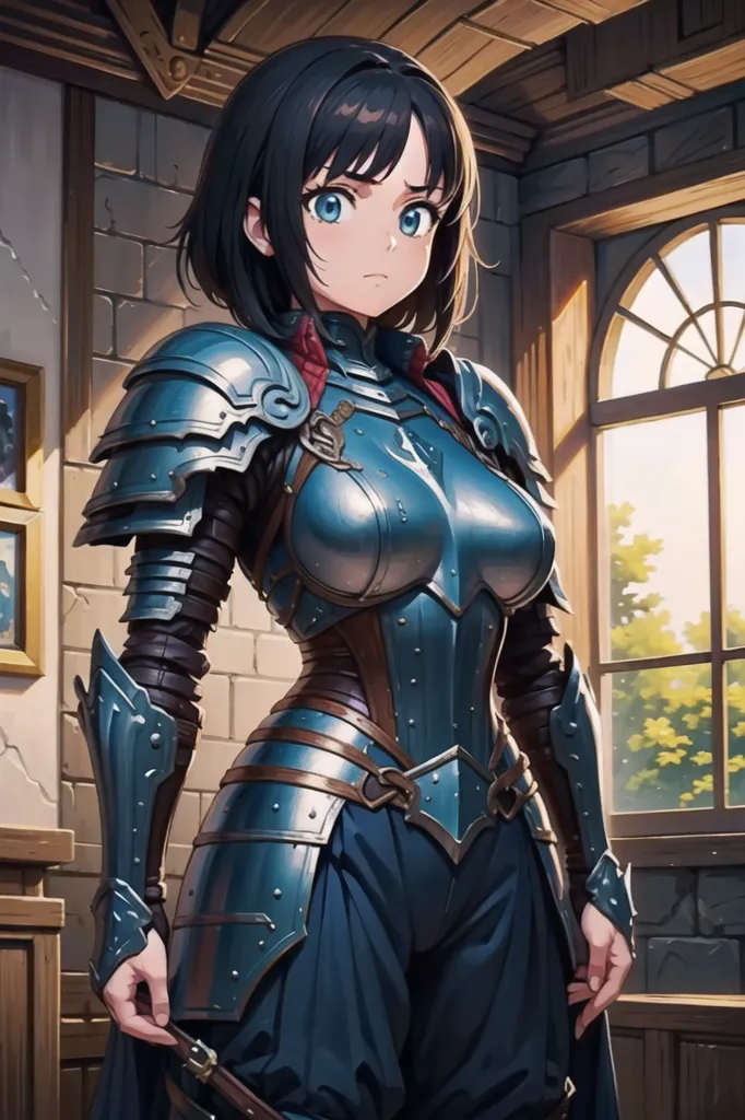 This is an image of a young woman in medieval armor. She has dark hair and blue eyes, and she is wearing a blue and silver breastplate. The breastplate has several decorative elements, including a red and white symbol in the center. She is also wearing a pair of blue pants and a pair of brown boots. She is standing in a room with a stone wall and a wooden door. There is a window to her right.