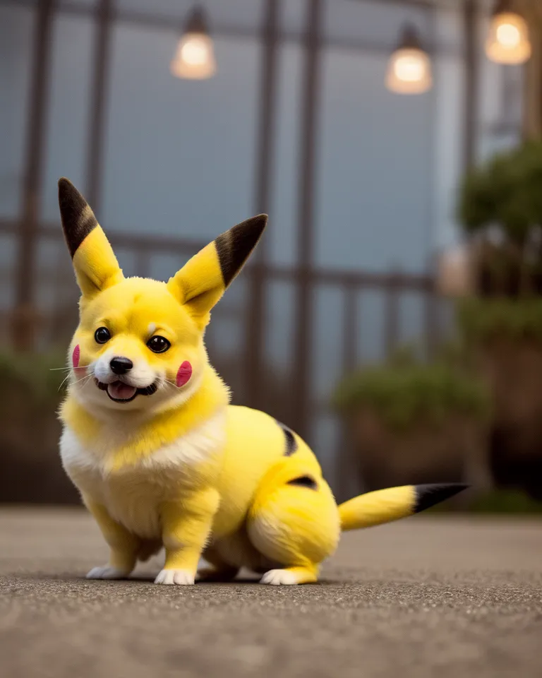 A imagem mostra um cachorro fofo e amarelo com orelhas pontiagudas pretas e um nariz preto. O cachorro está sentado no chão em frente a uma casa. O cachorro está usando um macacão de Pikachu.