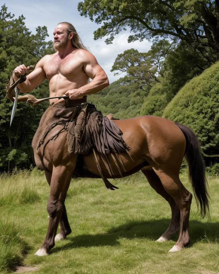 The image shows a centaur, a half-man, half-horse creature. The centaur is standing in a field, surrounded by trees. He is holding a knife in his right hand. The centaur has long blond hair and a beard. He is wearing a brown loincloth and a brown belt. The centaur's legs are muscular and his hooves are black. The background of the image is a green field with trees and hills in the distance.