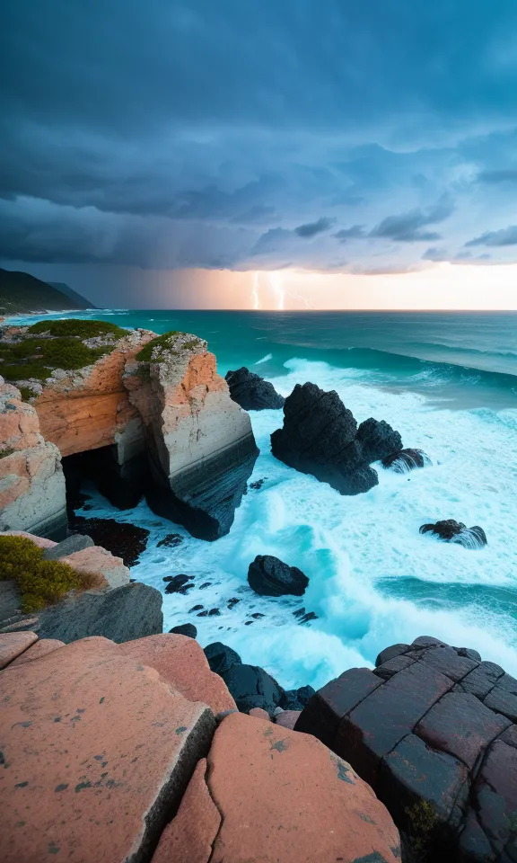 The image is a seascape. It shows a rocky coast with a cave. The sea is rough and there are big waves crashing against the rocks. The sky is dark and there is a lightning storm in the distance. The image is taken from a high angle and the viewer can see the full force of the storm. The colors in the image are blue, green, and gray. The image is very dramatic and captures the power of nature.