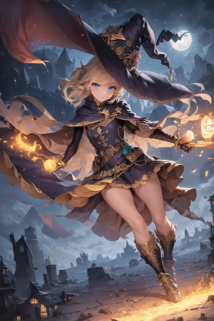 The image is of a young woman dressed as a witch. She has long blonde hair, blue eyes, and is wearing a purple cape with a yellow trim. She is also wearing a brown skirt, a white blouse, and brown boots. She is holding a staff in her right hand and there is a bright light in her left hand. She is standing in a ruined city, with a large tower in the background. The sky is dark and there are clouds in the sky.