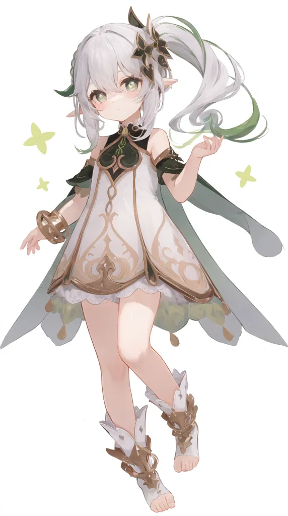 The image is of a small, elf-like girl with white hair and green eyes. She is wearing a white and green dress with a brown belt and has a green leaf in her hair. She is also wearing a pair of brown boots with gold accents. The girl is standing in a field of flowers and is surrounded by butterflies.