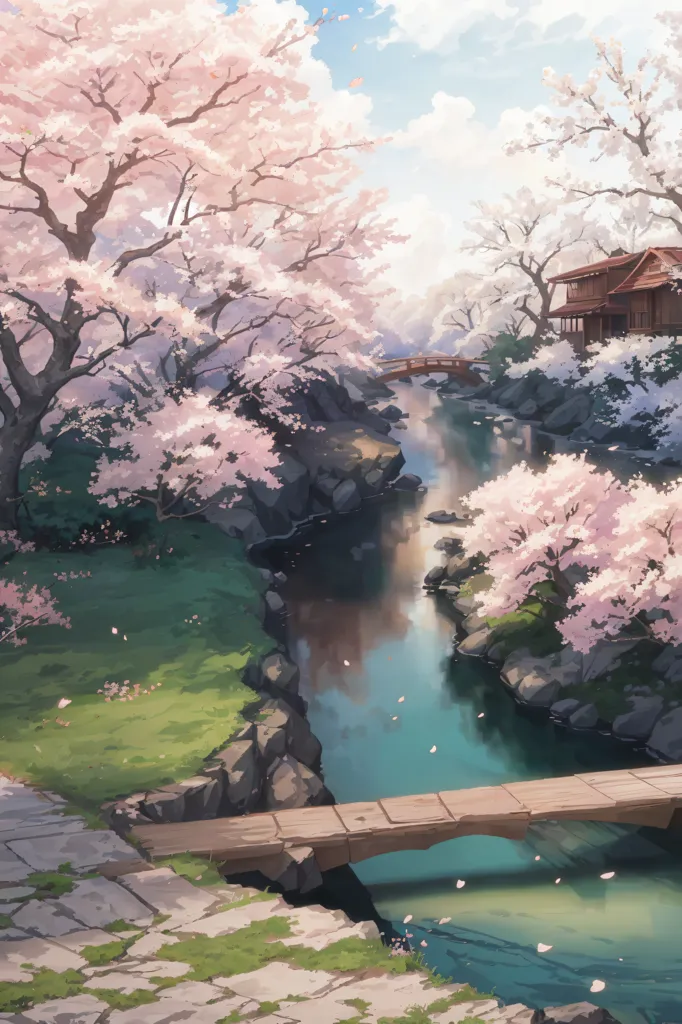 The image is a beautiful landscape of Japan. The cherry blossom trees are in full bloom, and the petals are falling like snow. A river flows through the middle of the image, and there is a small bridge over the river. There is a house on the other side of the river, and the mountains are in the background. The image is peaceful and serene, and it captures the beauty of the Japanese countryside.