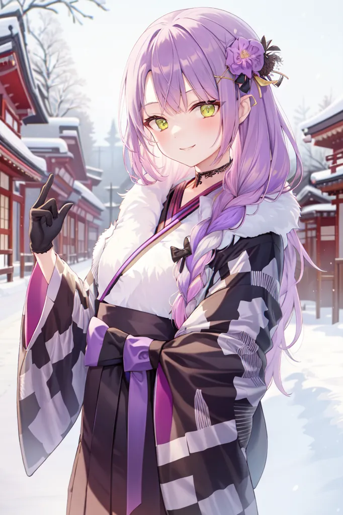 La imagen es de una mujer joven con el cabello morado y ojos verdes. Ella está usando un kimono japonés tradicional con un patrón a cuadros blanco y morado. El kimono está ribeteado con piel y tiene un gran lazo morado en la cintura. La mujer también está usando un par de guantes negros y un collar con un colgante de flor. Su largo cabello morado está trenzado y tiene un pequeño pasador de flor en el cabello. La mujer está de pie en una calle nevada con una casa japonesa tradicional en el fondo. El cielo es de un color azul claro y el sol brilla.