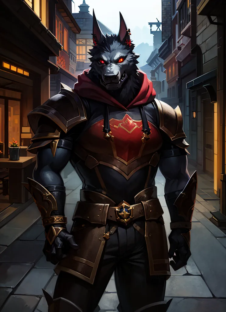 The image is of a muscular wolf-like humanoid wearing dark armor with red accents. It has glowing red eyes, sharp teeth, and a scar on its left cheek. It is wearing a red cape and there is a building with a red sign in the background.