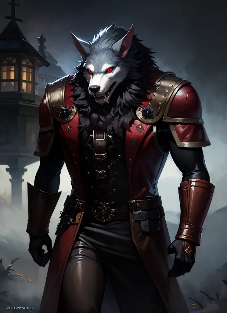 The image is of a werewolf. It is standing on a rooftop, looking down at the city below. The werewolf is wearing a red and black coat, and it has a sword at its side. Its eyes are glowing red, and its teeth are bared. The werewolf is snarling, and it looks like it is about to attack.