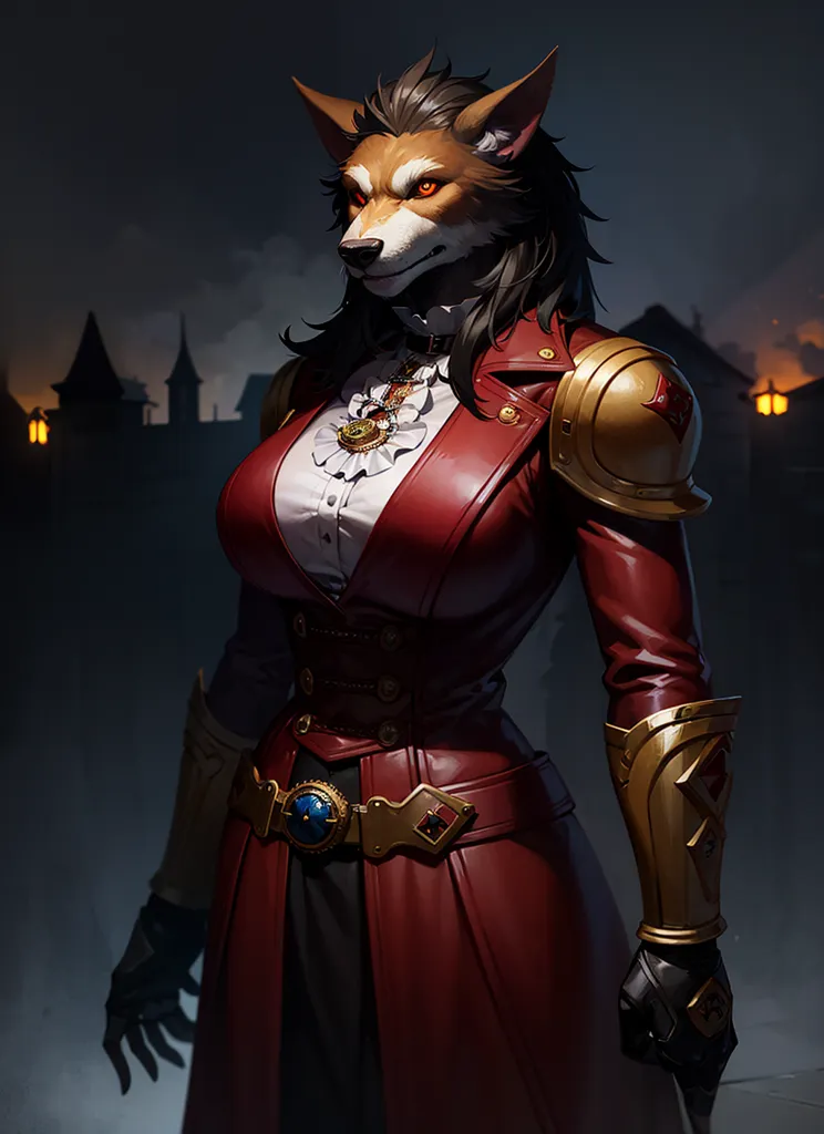 Cette image montre une femme-loup debout dans un endroit sombre. Elle porte un manteau en cuir rouge avec des bordures dorées et une chemise blanche. Elle a un gros collier avec un joyau bleu au centre. Ses cheveux sont longs et noirs, et ses yeux brillent en rouge. Elle a une expression déterminée sur le visage et tient ses mains devant elle. Il y a des bâtiments à l'arrière-plan et le ciel est sombre.