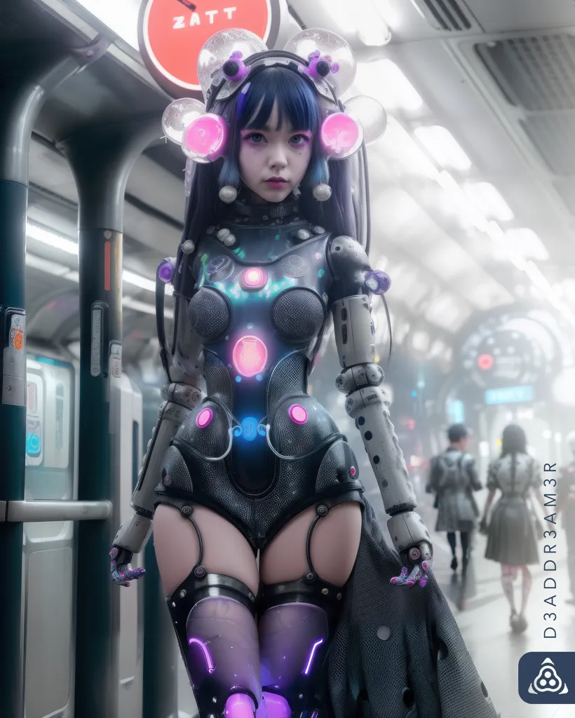 The image depicts a female gynoid standing in a subway station. She has long black hair styled in twin-tails, purple eyes, and pale skin. She is wearing a black and purple bodysuit with a variety of technological gadgets and accessories, including a pair of goggles, a respirator, and a pair of leg braces. She is also carrying a large backpack. The background of the image is a blurred subway station with people walking in the distance.