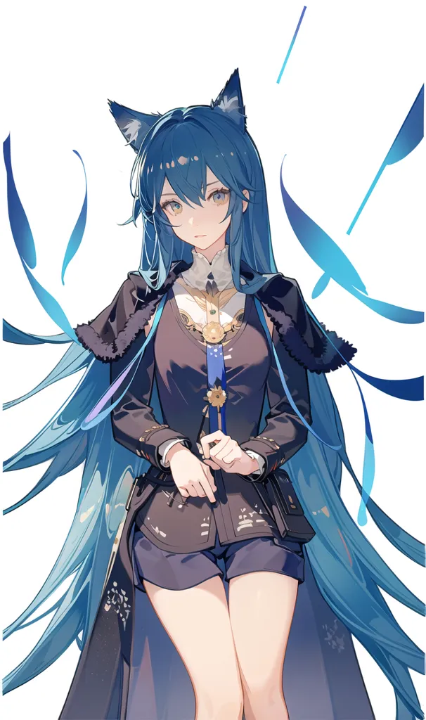 The image is of a young woman with long blue hair and fox ears. She is wearing a dark blue jacket and shorts. She has a gentle smile on her face and is looking at the viewer. She is standing in front of a white background.