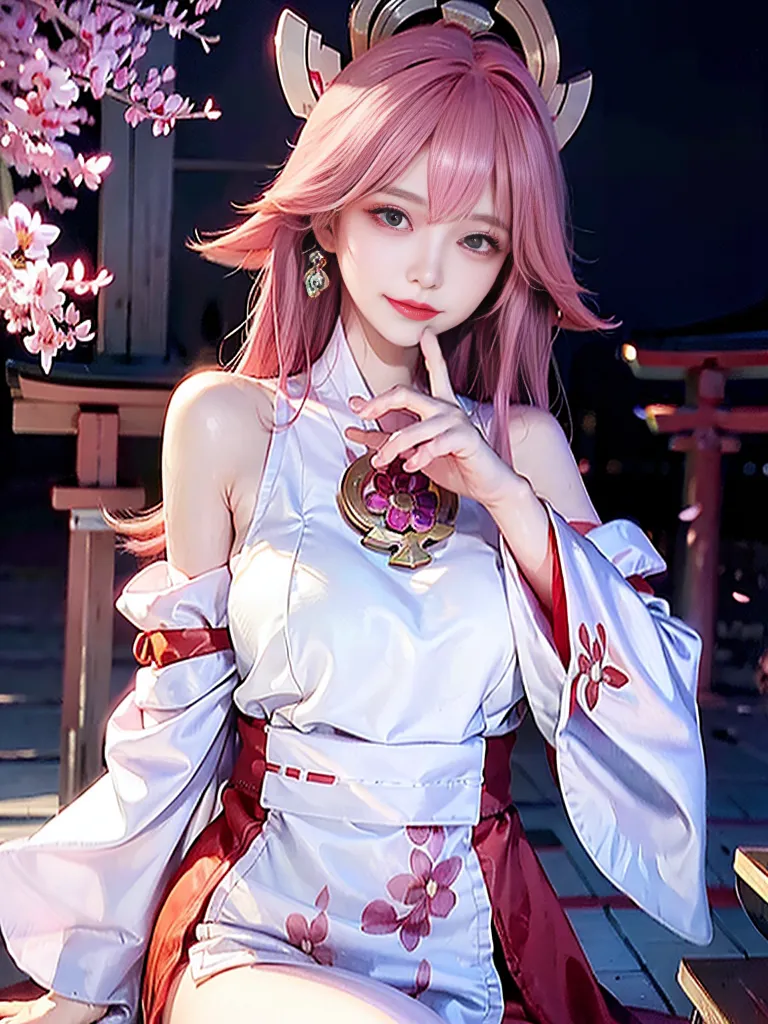 The image is of a young woman with pink hair and purple eyes. She is wearing a white and pink kimono with a red obi. She is sitting on a bench in a garden with cherry blossoms. The woman is looking at the viewer with a smile on her face.