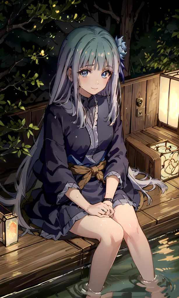 The image is of an anime girl with long blue hair and blue eyes. She is wearing a dark blue kimono with a white obi. She is sitting on a wooden bench with her feet in a pool of water. There are two lanterns on the bench next to her. The background is a dark night sky with a few stars.