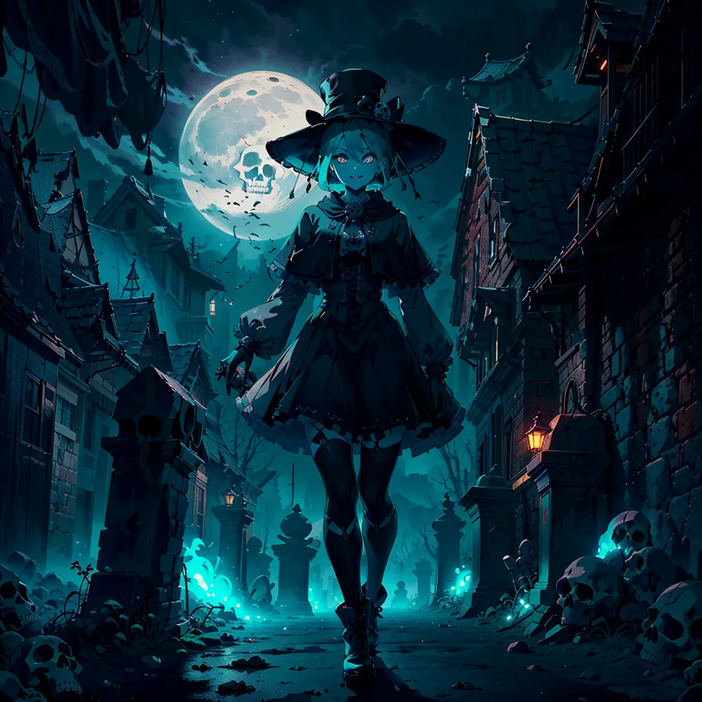 The image is a dark and moody illustration of a witch walking down a street in a spooky town. The witch is wearing a black hat and dress, and she has long blue hair. She is carrying a staff in her right hand. The street is lined with old houses, and there is a large moon in the sky. The image is full of atmosphere, and it evokes a sense of mystery and danger.