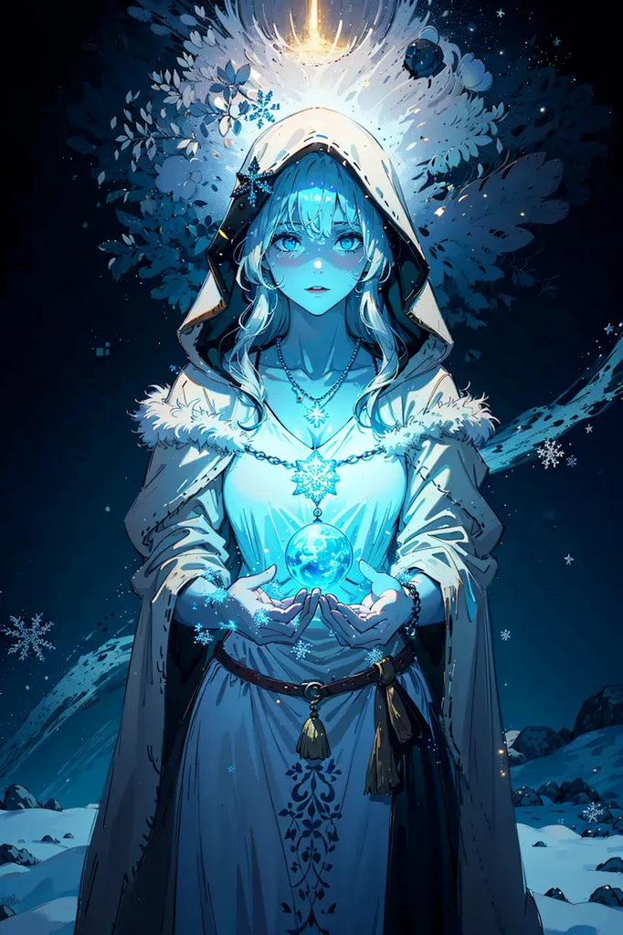 La imagen es de una hermosa mujer con el cabello blanco largo y ojos azules. Lleva un vestido blanco con una banda azul y una capucha forrada de piel blanca. Está de pie en un bosque nevado y hay una luz brillante que le cae del cielo. Está sosteniendo una esfera azul brillante en sus manos.