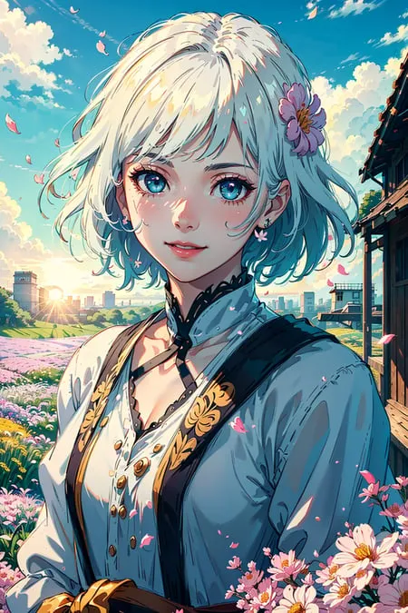 The image is a painting of a young woman with short white hair and blue eyes. She is wearing a white shirt with a blue vest and a pink flower in her hair. She is standing in a field of flowers with a village in the background. The sky is blue and there are clouds in the sky. The painting is done in a realistic style and the colors are vibrant and bright.