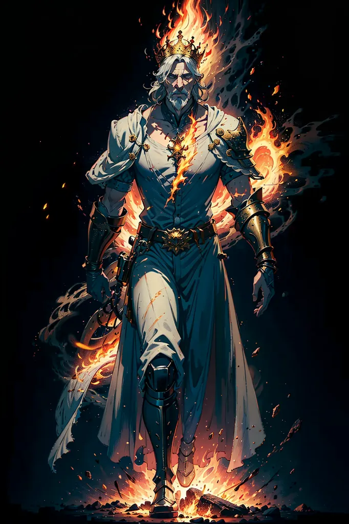 This is an image of a man wearing a white and gold tunic with a tattered white cape. He has long white hair and a beard and is wearing a gold crown. He is also wearing gold and silver armor and has a sword sheathed at his waist. He is standing in a dark place, surrounded by fire. The background is black.