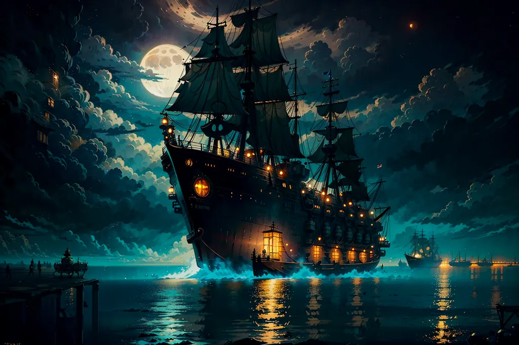 The image is a digital painting of a pirate ship at night. The ship is black with a red flag and white sails. It is surrounded by a dark sea and a full moon is in the background. The ship is lit up by lanterns and there are people on the deck. There are also other ships in the distance. The image is full of action and adventure and has a dark and mysterious atmosphere.