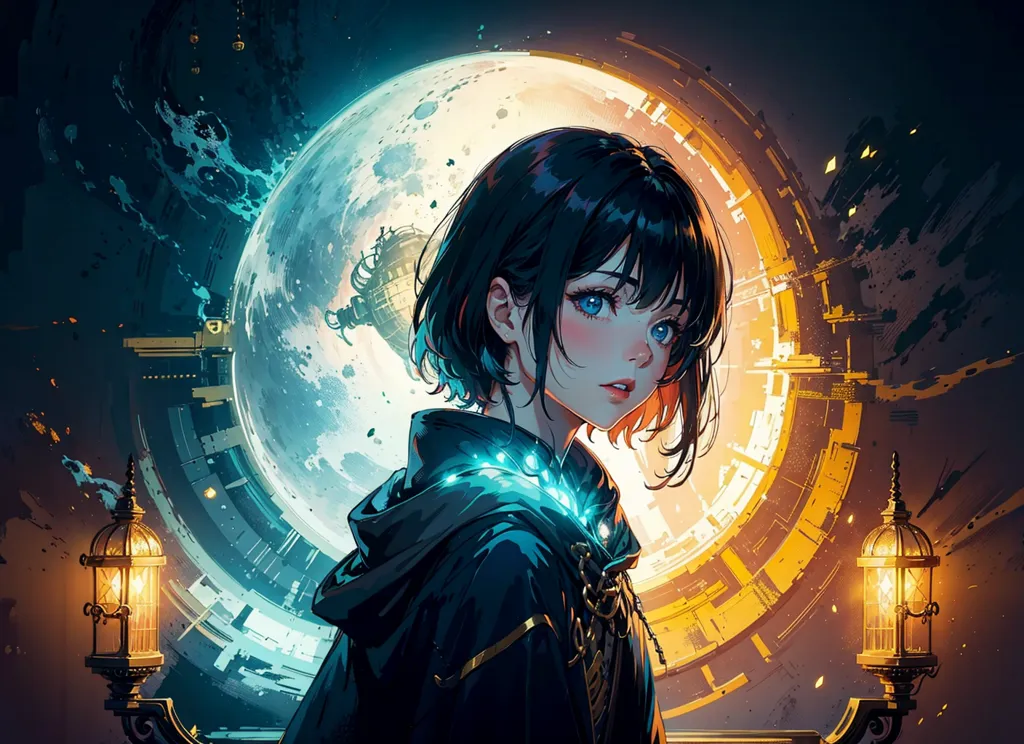 The image is of a young woman with short blue hair and blue eyes. She is wearing a dark blue robe with a white collar and a hood. She is standing in front of a large moon, with a glowing yellow circle around her. There are two lanterns on either side of her. The background is dark blue with bright yellow and white lights.