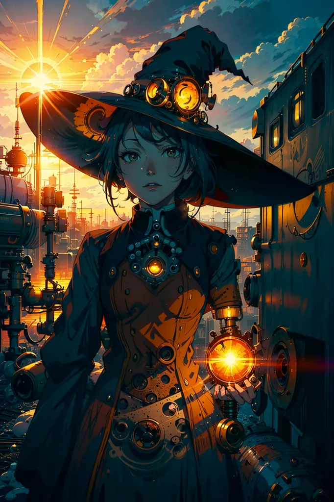 This is an image of a steampunk witch. She is wearing a black hat with orange goggles and a long black coat with orange details. She has brown hair and orange eyes and is holding a glowing orb in her right hand. She is standing in front of a large machine with pipes and gears. The background is a sunset in shades of orange and yellow.