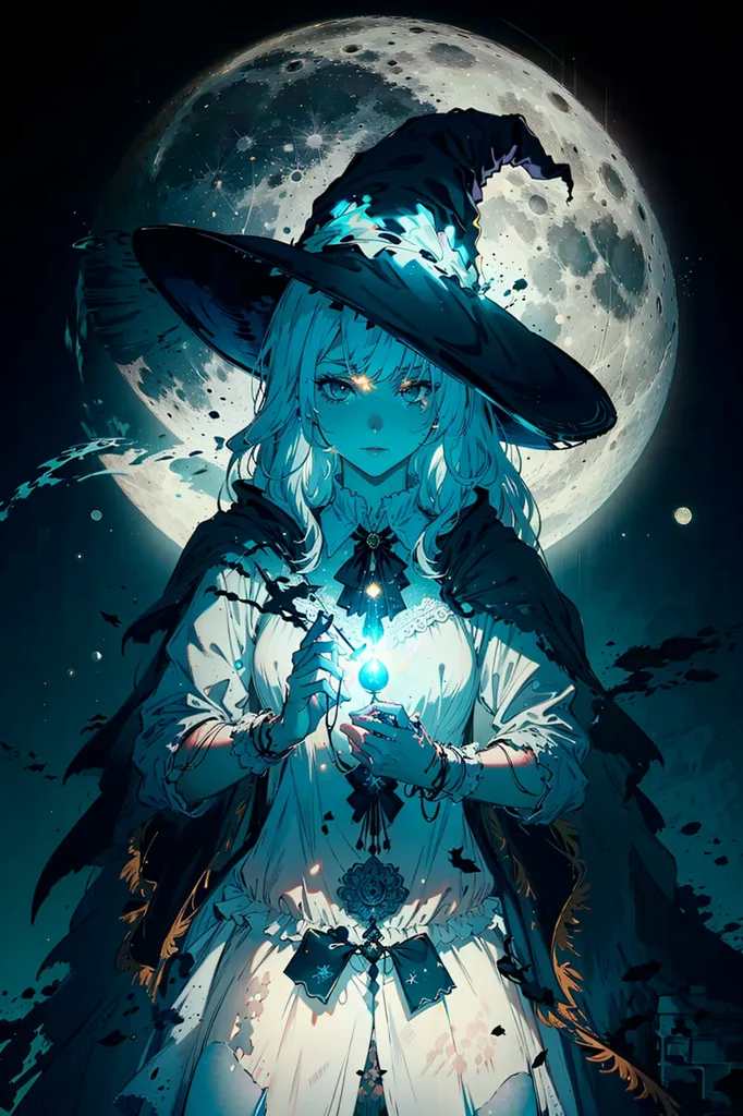 The image is of a young woman dressed as a witch. She has long white hair and blue eyes. She is wearing a black hat and a white dress. She is holding a glowing blue orb in her hands. She is standing in front of a large moon. The moon is blue and has a crater on its surface. The background is dark blue and there are some stars in the sky.