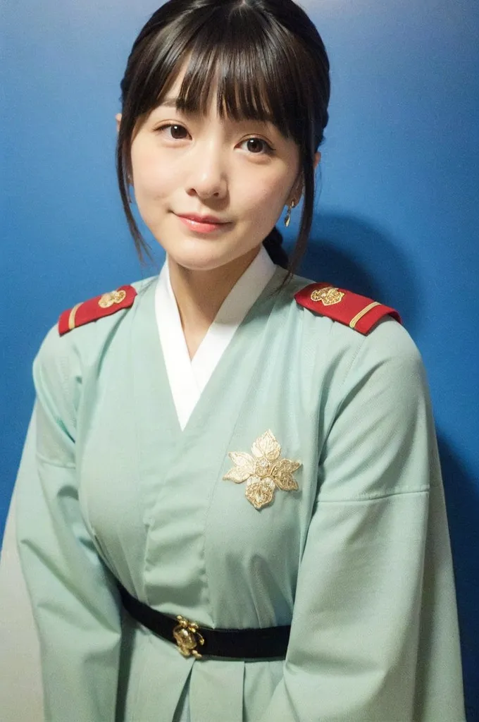 The image shows a young woman with long black hair and bangs. She is wearing a green hanbok with red and gold trim. The hanbok is a traditional Korean dress. The woman is smiling and looking at the camera. She is wearing a hairpiece and traditional earrings.