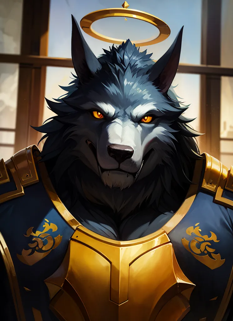 The image is a portrait of a muscular anthropomorphic wolf in medieval plate armor. The wolf is standing with his arms crossed, and his head is turned slightly to the viewer's right. He has a confident expression on his face, and his eyes are glowing yellow. He is wearing a golden halo. The background is a blur of light and dark colors.