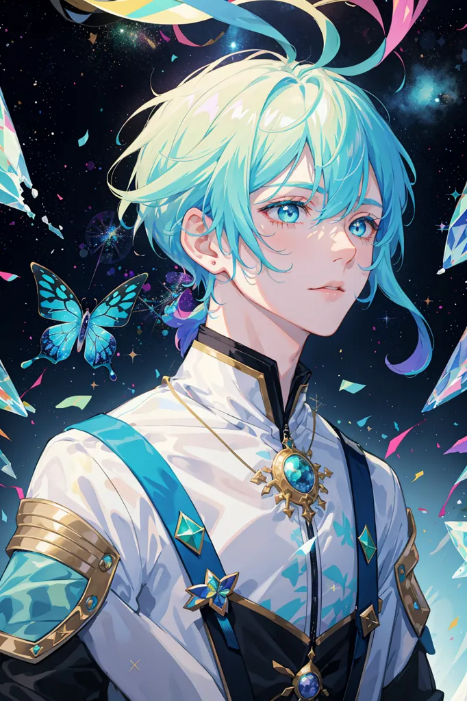 The image is of a beautiful young man with long, turquoise hair and blue eyes. He is wearing a white shirt with a blue vest and a gold necklace. He has a butterfly on his left shoulder and there are stars and other shapes floating around him. The background is dark blue with a starry night sky.