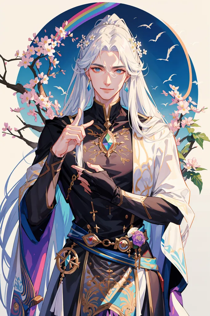 The image is of a beautiful young man with long white hair and blue eyes. He is wearing a black and gold outfit with a white cape. He is standing in front of a pink and white cherry blossom tree. He has a gentle smile on his face and is looking at the viewer. There is a rainbow in the background.