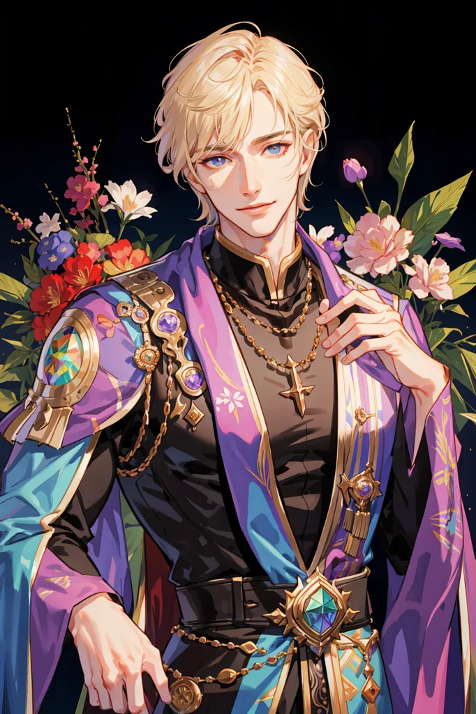 The image is of a handsome young man with blond hair and blue eyes. He is wearing a purple and black outfit with gold trim, and there are flowers in the background. He has a gentle smile on his face, and he is looking at the viewer with one hand on his hip and the other holding a cross necklace.