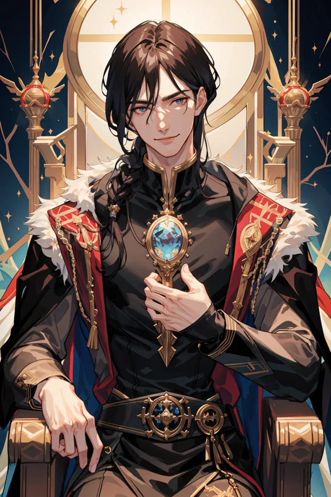 The image is of a young man with long black hair and purple eyes. He is wearing a black and red outfit with a white cravat. He is sitting on a throne and holding a round mirror with a blue gem in the center. There is a white circle with stars behind him.