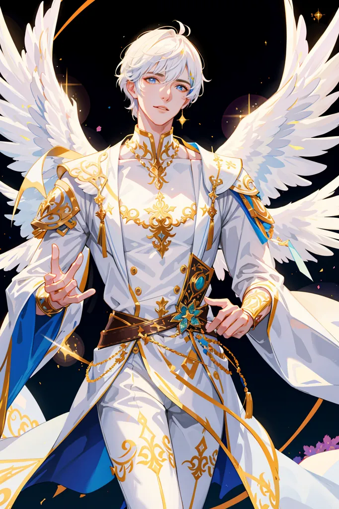 The picture shows a young man with white hair and blue eyes. He is dressed in a white suit with gold trim. He has a blue sash around his waist and a gold necklace around his neck. He is also wearing a pair of white wings. He is standing in front of a dark background with a starry sky.