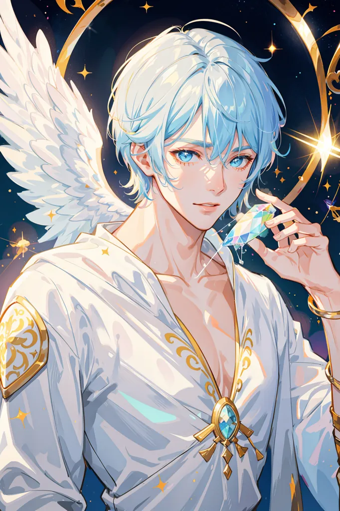 The image shows a beautiful young man with blue hair and eyes. He is wearing a white shirt with a gold and blue collar. He has a pair of white wings and is holding a blue crystal in his right hand. He is standing in front of a dark blue background with a starry night sky and a golden halo with stars around his head.