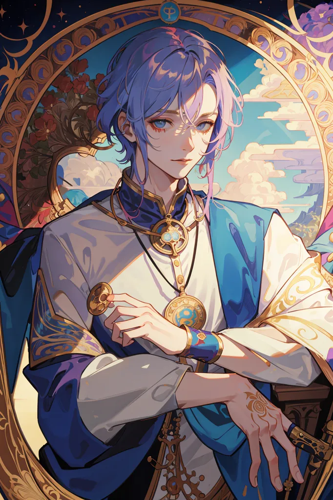 The image is of a beautiful young man with long purple hair and blue eyes. He is wearing a white shirt with a blue sash and a gold necklace. He has a gentle smile on his face and is looking at the viewer. He is standing in front of a blue and white background with a gold frame around him.