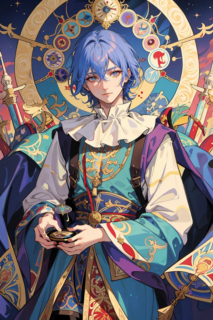 This is an image of a young man with blue hair and blue eyes. He is wearing a blue and gold outfit with a white cravat. He is holding a golden compass in his right hand. He is standing in front of a large clock with a starry night sky in the background. There are also several swords and other weapons behind him.