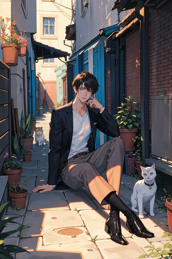 A young man is sitting on the ground in an alleyway. He is wearing a white shirt, gray pants, and a black suit jacket. He has his right hand resting on his knee and his left hand is holding his chin. He is looking at a white cat that is sitting in front of him. There are plants and flowers in pots on the ground around him. The alleyway is made of stone and there are buildings on either side of it. The sky is blue and the sun is shining.