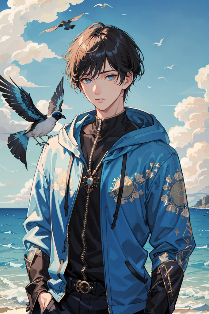 This is an image of a handsome young man with dark hair and blue eyes. He is wearing a blue hoodie with gold and white accents. The man is standing on a beach with a blue sea and a cloudy sky behind him. There is a blue bird with black wings perched on his shoulder.