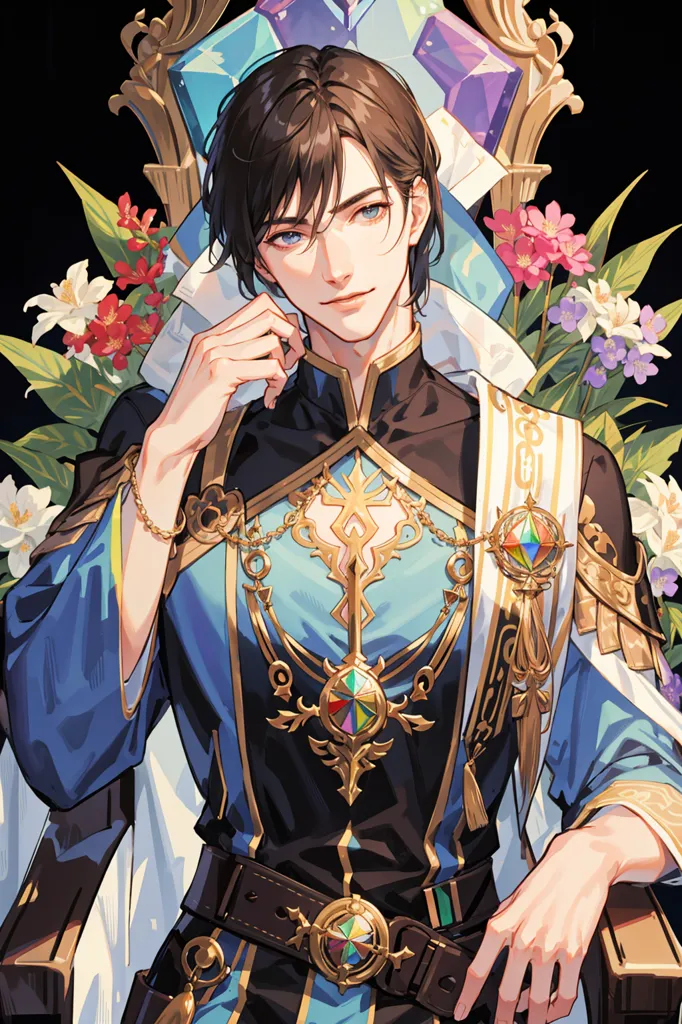 This is an image of a man with long brown hair and blue eyes. He is wearing a blue and gold outfit with a white sash and a gold necklace. He is sitting on a throne with flowers on either side of him. He is holding his chin with his right hand and looks like he is daydreaming.