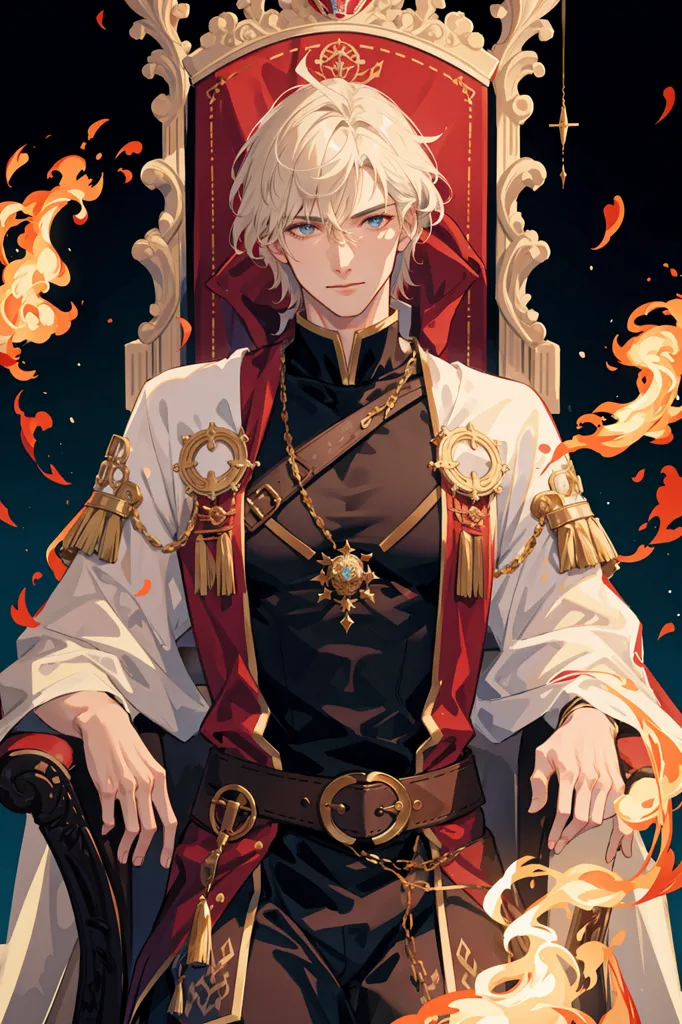 The image is of a young man with white hair and blue eyes. He is sitting on a throne, wearing a red and white outfit. The outfit has gold trim and various gold decorations. There is a large white fur cape attached to the shoulders. He is also wearing a gold crown. There are flames coming up from the bottom of the image surrounding the character.